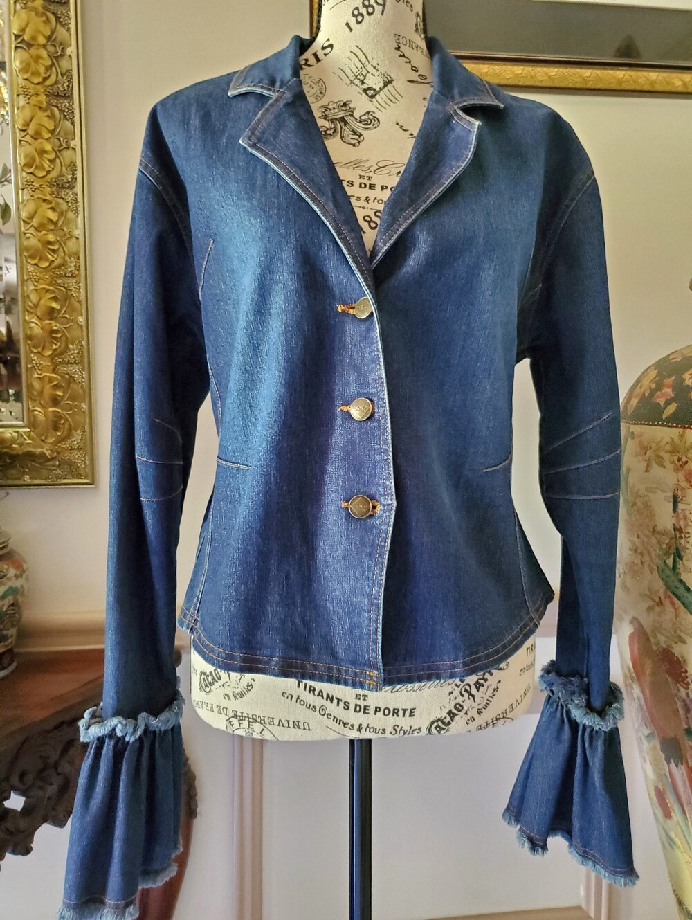 Vintage 90s Y2K Solo Cropped Bell Sleeve Western Jacket Stretch Denim M